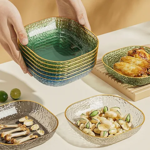 Square Spit Bone Dish PET Plastic Hammered Texture Gold Rim Transparent Luxury Snack Serving Tray With Storage Rack