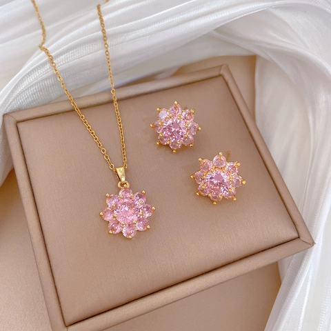 Elegant Flower Pendant Necklace And Earrings Set Stainless Steel Chain Cubic Zirconia Pave Luxury Jewelry For Women