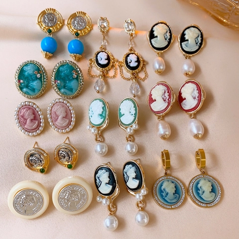 Vintage French Court Style Cameo Dangle Earrings With Faux Artificial Pearl Rhinestone And Silver Earring Post For Women Elegant