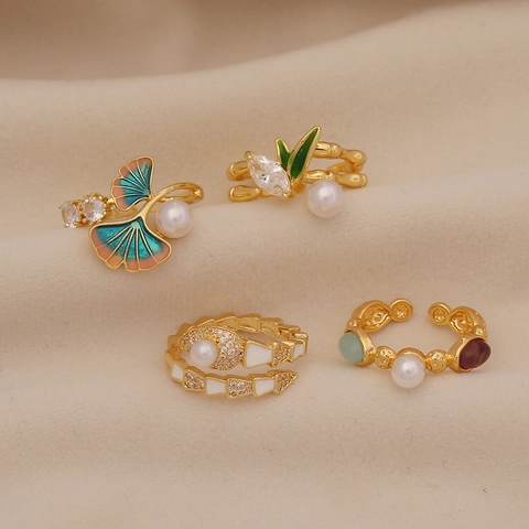 Anello Aperto Regolabile Retrò In Rame Con Perla Artificial Zircone Smalto Design Foglia Di Ginkgo Bambù Serpente Gioielli Eleganti Donna