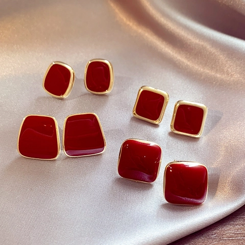 Orecchini Quadrati Geometrici Lega Smalto Rosso Stile Vintage Con Perno Per Orecchini In Argento Gioielli Eleganti Retro Per Donna