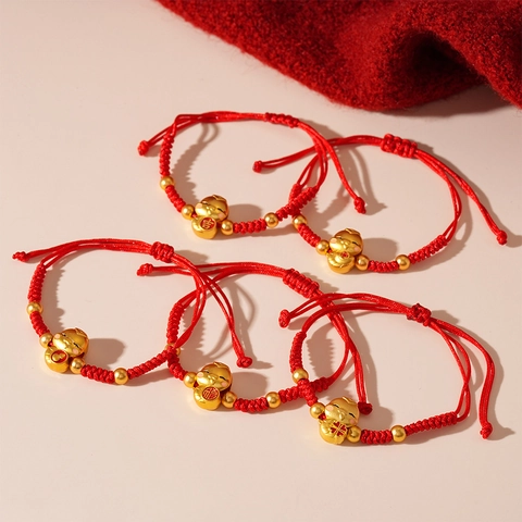 Red Braided Rope Bracelet With Gold Alloy Lucky Snake And Fu Character Pendant Adjustable Ethnic Style Jewelry For Women