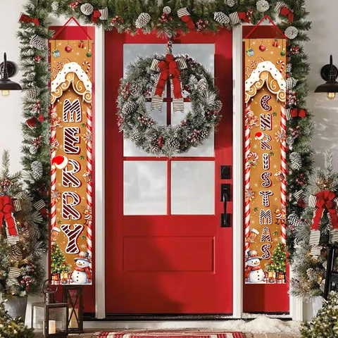 Striscione Per Portico Buon Natale Poliestere Pupazzo Di Neve Casetta Di Pan Di Zenzero Decorazione Porta Esterna