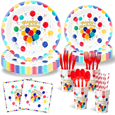 Birthday Party Supplies Colorful Balloon Theme Paper Plates Cups Napkins Tablecloth Banner Decoration For Kids Adults Festive
