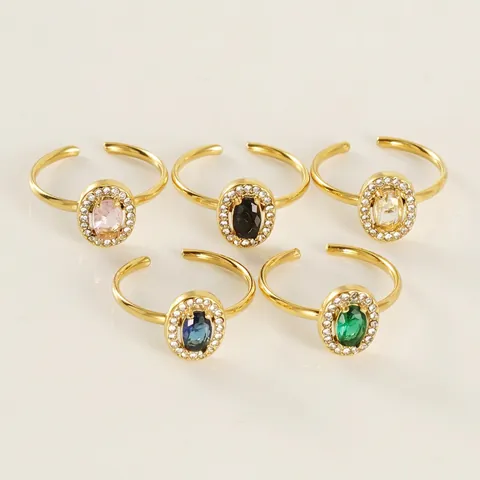 Roestvrijstalen Ring 18K Verguld Ovalen Zirkonia Verstelbaar Open Vingersieraden Voor Vrouwen Vintage INS Stijl