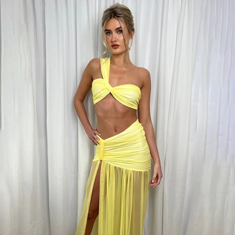 Single Shoulder Ruched Crop Top And High Slit Mesh Maxi Skirt Polyester Sexy Summer Vacation Streetwear Women