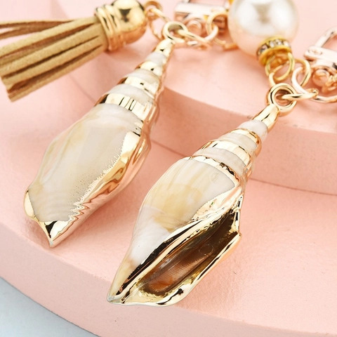 Conch Shell Keychain With PU Tassel Imitation Artificial Pearl And Bell Metal Scallop Charm Ocean Theme Bag Accessory Cute