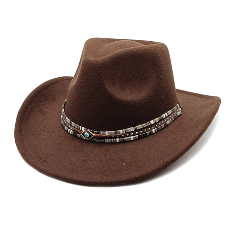 Chapeau Fedora Cowboy Western Large Bord Coton Polyester Feutre Ethnique Charme Œil De Mal Rivet Style Bohémien