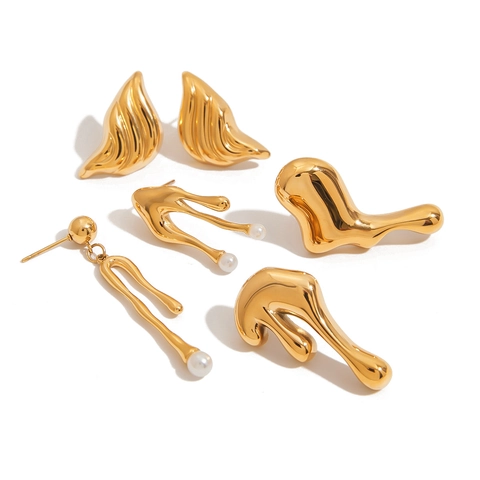 Lava Liquid Metal Asymmetric Drop Earrings Stainless Steel Gold Plated Faux Artificial Pearl Irregular Geometric Jewelry For Women