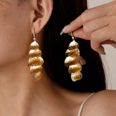 Hollowed Out Petal Drop Earrings Copper Metal Layered Leaf Tassel Vintage Elegant Statement Jewelry For Women