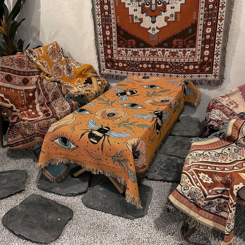 Coperta Intrecciata In Cotone Bohémien Nappe Motivo Ape Fiore Occhio Copridivano Campeggio Tappeto Picnic Arazzo Da Parete