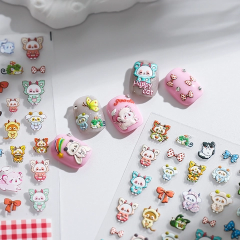 Embossed Relief Nail Art Stickers Cartoon Panda Cat Self Adhesive Kawaii DIY Manicure Macaron Colors Decals