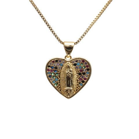 Collar Con Colgante de Corazón Religioso de la Virgen María de Cobre Con Circonia Colorida Incrustada Joyería para Mujer