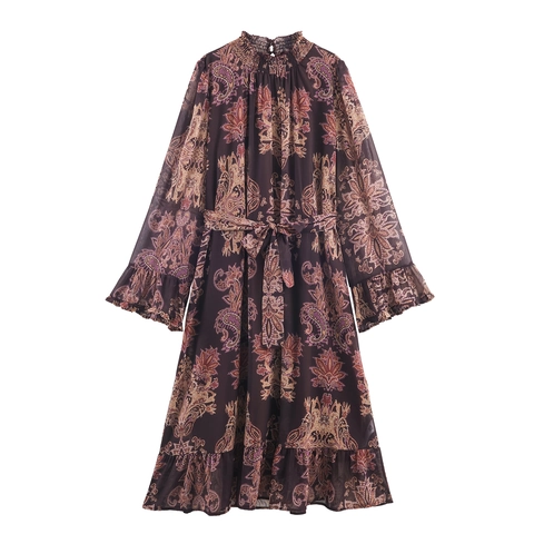 Vestito Maxi Boho In Chiffon Con Stampa Paisley Manica Lunga A Campana Volant Collo Alto Vita Alta Con Cintura Elegante