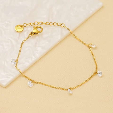 Minimalist Stainless Steel Chain Bracelet For Women Gold Plated Thin Link With Round Zircon Inlaid Elegant Jewelry Chic