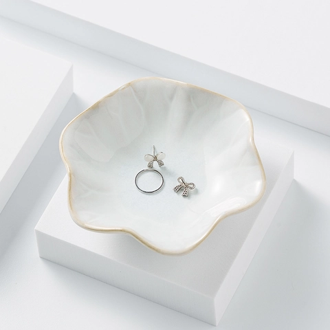 Ceramic Jewelry Tray Lotus Petal Leaf Shape Decorative Storage Dish Nordic Style Kiln Glazed Trinket Plate