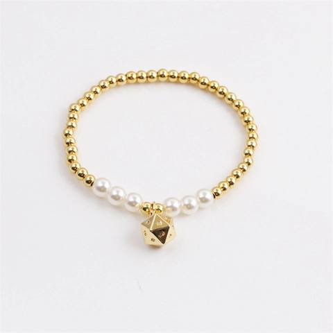 Pulsera De Cuentas Creativa Cobre Bolas Doradas Perlas Artificiales Blancas Colgante Dado Poliédrico Joyería Elástica Mujeres Hombres