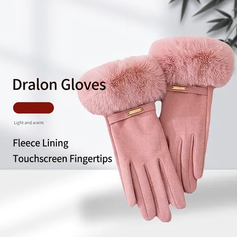 Women Winter Warm Gloves Thermal Fleece Faux Fur Trim Touchscreen Windproof Faux Suede Thick Outdoor Cycling