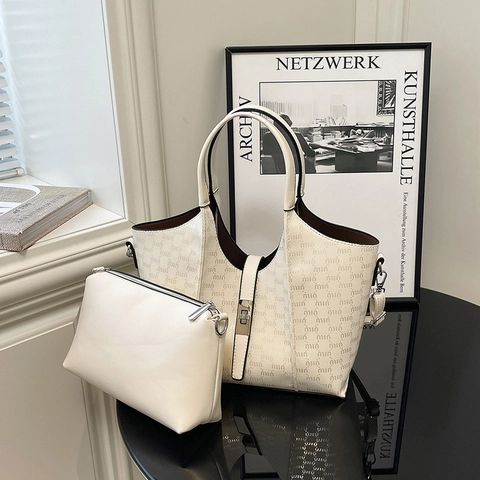 Damen Handtasche Aus PU Leder Tote Mit Monogramm Print Große Kapazität Schultertasche Und Passende Kleine Tasche