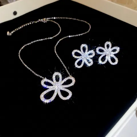 Collana E Orecchini A Fiori Cavi In Zircone Scintillante Gioielli In Rame Accessori Eleganti Donna Perno In Argento Sterling 925