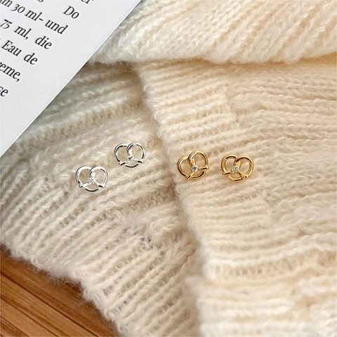 925 Sterling Silver Pretzel Stud Earrings With Zircon Heart Twist Minimalist Dainty Jewelry For Women