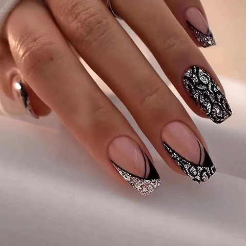 French Black Tip Press On Nails Glitter Leopard Coffin False Nails Sweet Cool Style For Women ABS