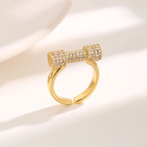 Halter Cilindrische Ring Koper Cubic Zirconia Pavé Geometrisch Verstelbaar Open Sieraden Luxe Minimalistisch Vrouwen