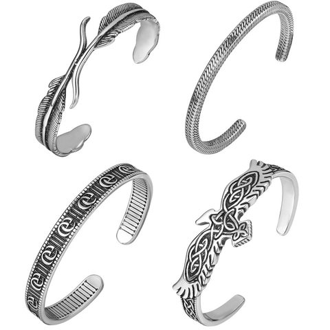 Vintage Titanium Steel Open Cuff Bracelet For Men Viking Eagle Feather Pattern Retro Silver Punk Style Adjustable Bangle Jewelry