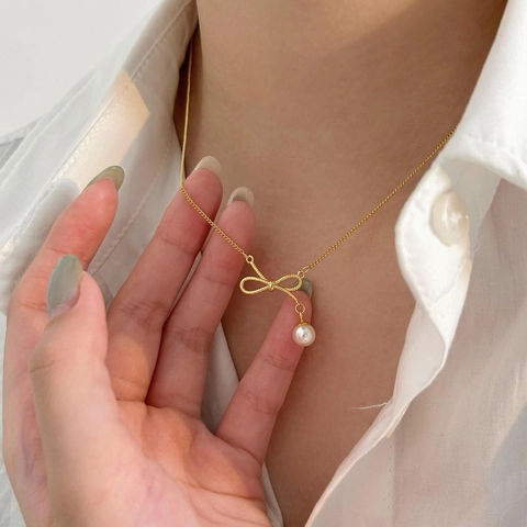 Schleife Künstliche Perlen Anhänger Halskette 925 Sterling Silber Eleganter Minimalistischer Schmuck Für Damen