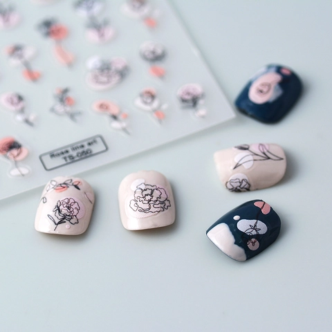 5D Relief Nail Art Stickers Embossed Rose Line Art Abstract Floral Design Self Adhesive Waterproof Decoration Decals