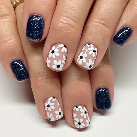 Floral Daisy And Glitter Press On Nails Short Square ABS Fake Nails For Women Artificial Finger Nails Tips