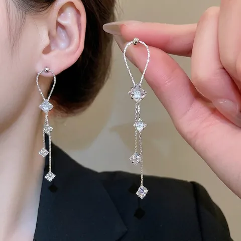 Lange Quaste Baumeln Ohrringe Mit Quadratischem Zirkonia Und Silbernem Ohrstecker Elegante Chic Schmuck Für Frauen