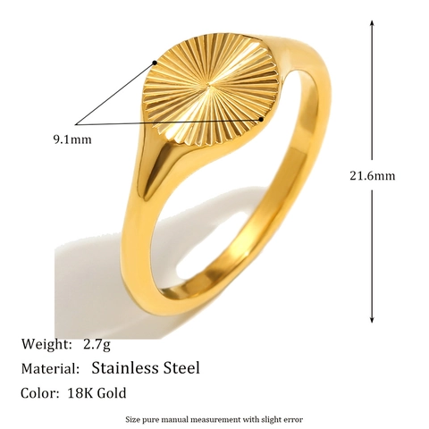 Sunray Pattern Signet Ring 18K Gold Plated Stainless Steel Minimalist Vintage Circular Band For Women Elegant