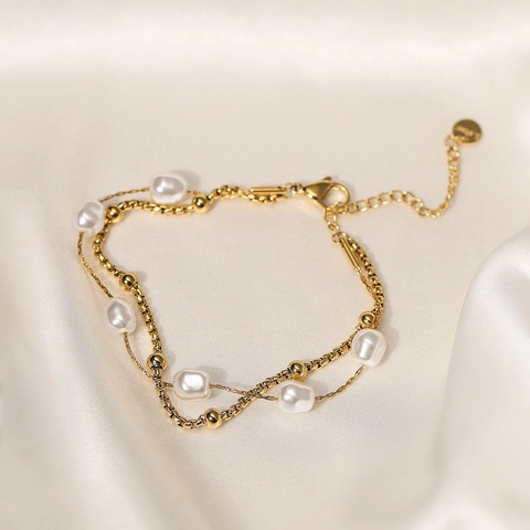 Double Layer Artificial Pearl Bracelet For Women Gold Plated Stainless Steel Layered Beaded Chain Elegant Ins Style Jewelry
