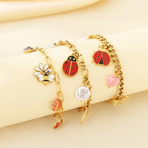 Stainless Steel Charm Bracelet For Women Gold Plated Enamel Bee Ladybug Butterfly Flower Animal Pendant Jewelry Gift