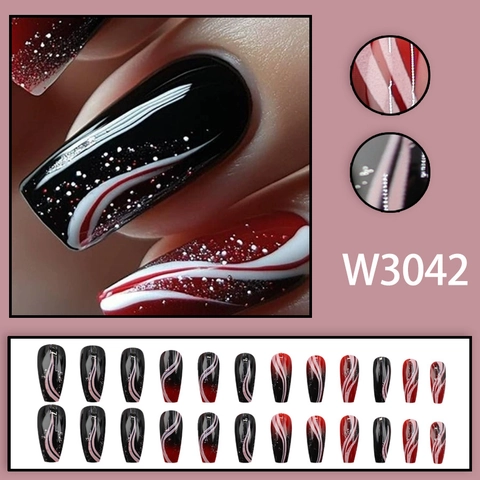 Uñas Postizas Press On Forma Ataúd Larga Negro Rojo Patrón Remolino Brillo Plateado Brillante