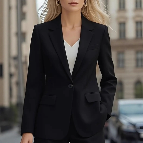 Women's Elegant Solid Color Blazer Jacket Long Sleeve Single Button Notch Lapel Professional Office Commute Suit Coat