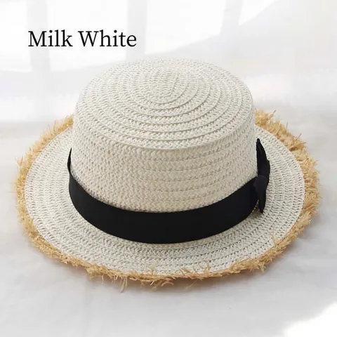Chapeau De Paille Boater Pour Femmes Raffia Protection Solaire Bord Frangé Nœud Ruban Noir Été Plage Vacances Élégant