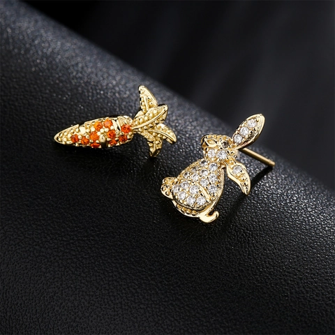 Orecchini Asimmetrici A Lobo Coniglio E Carota Rame Placcato Oro 18K Zircone Bianco Arancio Gioielli Animali