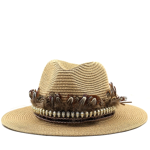 Straw Fedora Hat With Feather And Metal Skull Beads Sun Protection Beach Vacation Bohemian Style For Women Men
