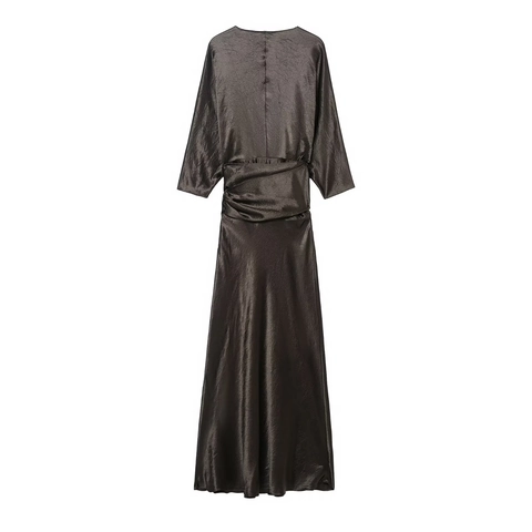 Women's V-Neck Long Sleeve Satin Texture Maxi Dress With Tie Waist Elegant Solid Color Pleated Long Dress For Party Casual