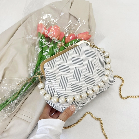 Borsa Retro Chiusura A Scatto Tessuto Intrecciato Geometrico Manico Künstliche Perle Catena Dorata Tracolla Donna Elegante