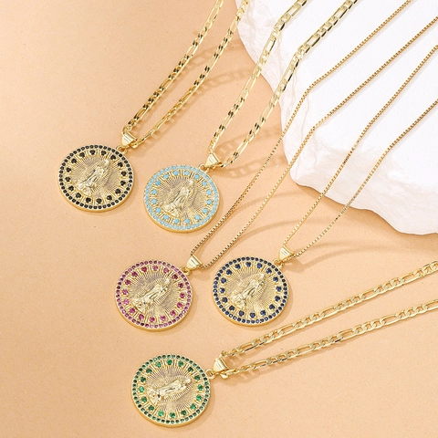 Collier Pendentif Vierge Marie Cuivre Plaqué Or 18K Zircon Coloré Bijoux Médaillon Religieux Pour Femmes
