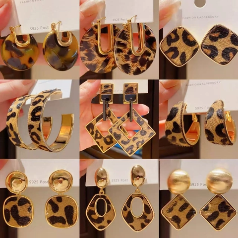 Vintage Leopard Print Geometric Earrings With 925 Sterling Silver Earring Post Faux Fur Leather Alloy Jewelry For Women
