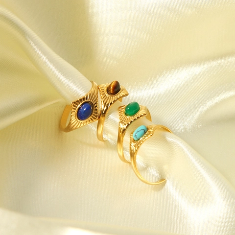 Vintage Sonnenstrahl Offener Ring Edelstahl 18K Vergoldet Ovaler Edelstein Böhmischer Verstellbarer Schmuck Für Damen