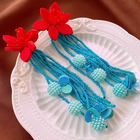 Orecchini A Pendolo Nappine In Argento Sterling 925 Lega Fiore Feltro Rosso Perline Di Riso Blu Gioielli Etnici Retro