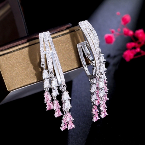 Long Tassel Dangle Earrings Pink White Teardrop Zirconia Copper Luxury Elegant Women With 925 Sterling Silver Earring Post