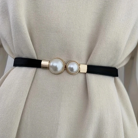Cintura a Corsetto Elastica Vintage da Donna Con Fibbia in Metallo e Perla Artificiale Cintura Sottile Decorativa per Abito