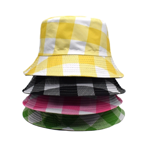 Cappello Alla Pescatora A Quadri Da Donna Reversibile Cotone Poliestere Protezione Solare Tesa Larga