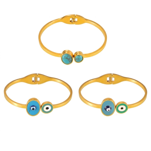 Bracciale Rigido Occhio Del Male Bohemien Acciaio Inossidabile Turchese Smalto Intarsiato Geometrico Stile Turco Gioielli